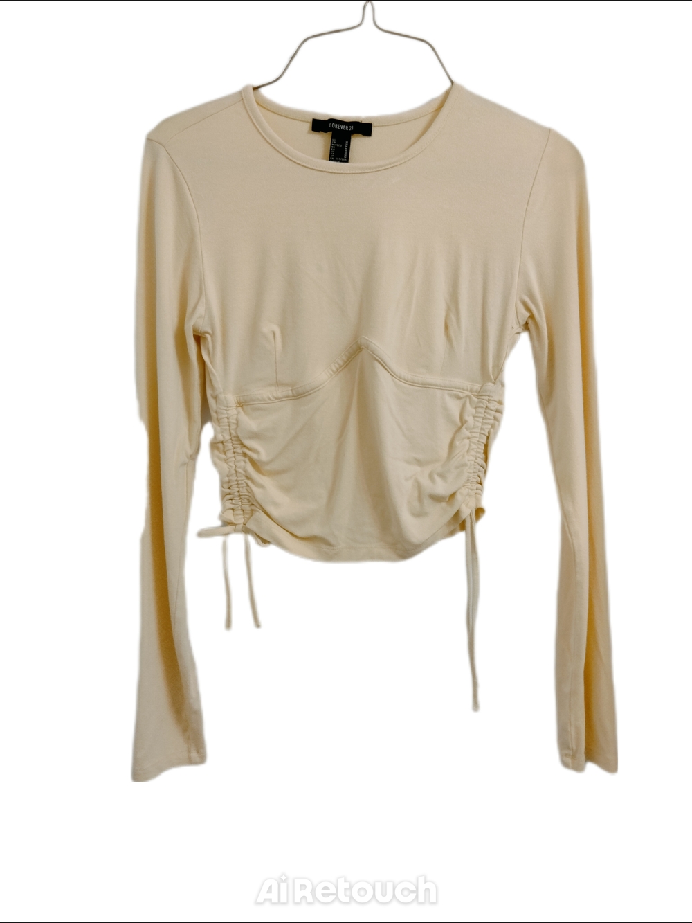 Forever 21 Cream Long-Sleeve Ruched Side Crop Top